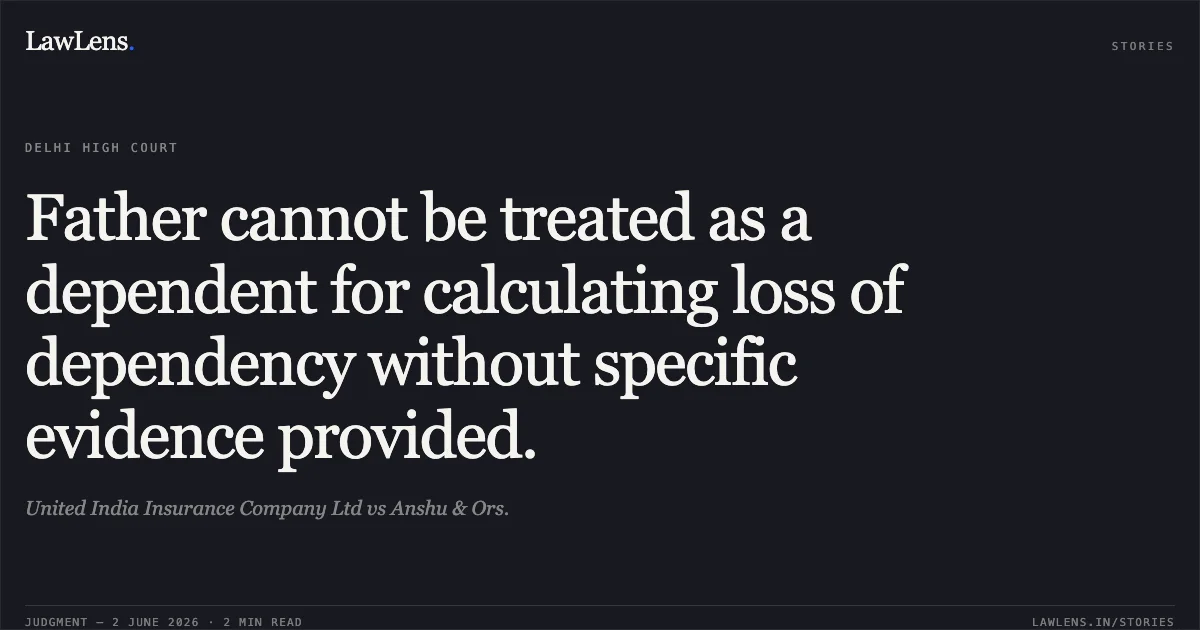Father cannot be treated as a dependent for calculating loss of dependency without specific evidence provided.. United India Insurance Company Ltd vs Anshu & Ors.. Delhi High Court. LawLens