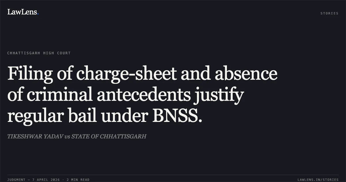 Filing of charge-sheet and absence of criminal antecedents justify regular bail under BNSS.. TIKESHWAR YADAV vs STATE OF CHHATTISGARH. Chhattisgarh High Court. LawLens