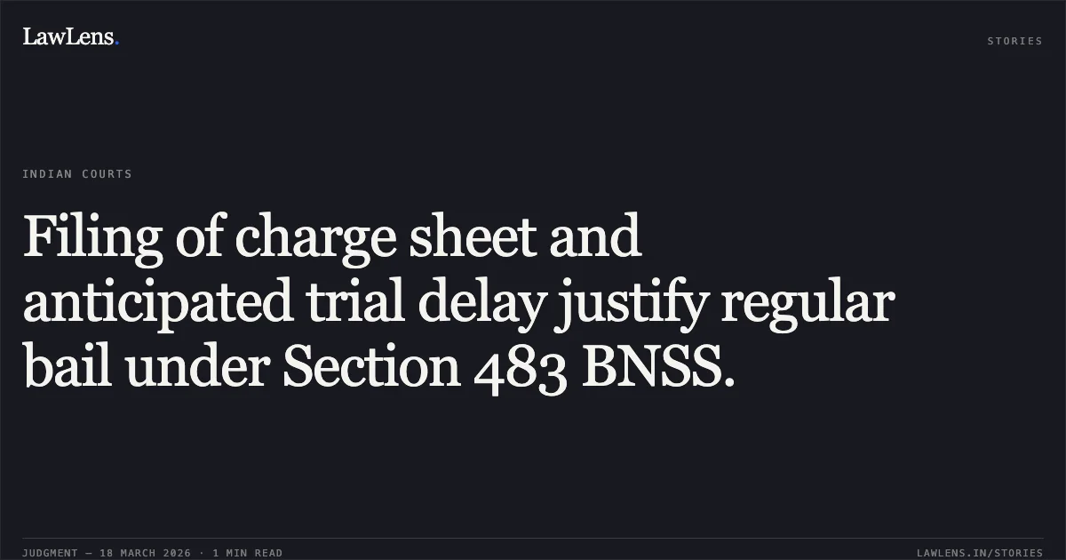 Filing of charge sheet and anticipated trial delay justify regular bail under Section 483 BNSS.. RAMNARAYAN DHIWAR vs STATE OF CHHATTISGARH. Chhattisgarh High Court. LawLens