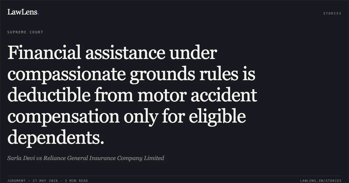 Financial assistance under compassionate grounds rules is deductible from motor accident compensation only for eligible dependents.. Sarla Devi vs Reliance General Insurance Company Limited. Supreme Court. LawLens