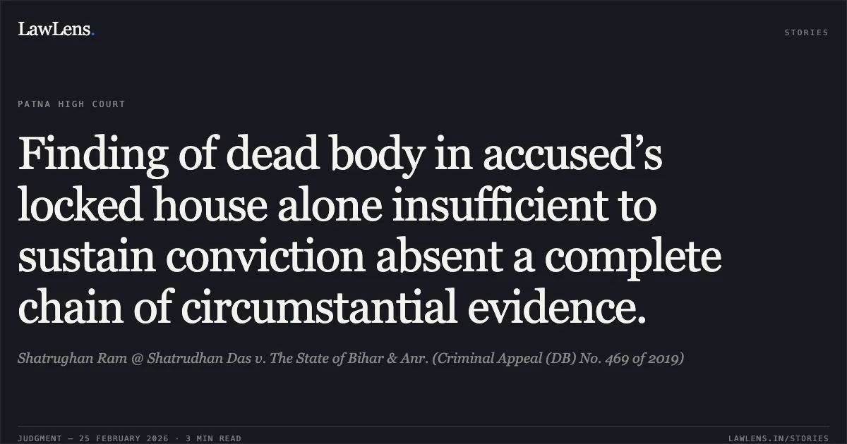 Finding of dead body in accused’s locked house alone insufficient to sustain conviction absent a complete chain of circumstantial evidence.. Shatrughan Ram @ Shatrudhan Das v. The State of Bihar & Anr. (Criminal Appeal (DB) No. 469 of 2019). Patna High Court. LawLens
