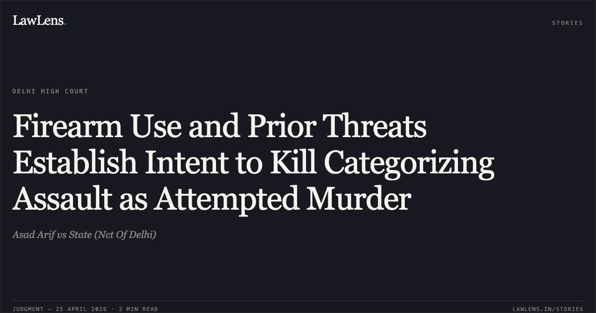 Firearm Use and Prior Threats Establish Intent to Kill Categorizing Assault as Attempted Murder. Asad Arif vs State (Nct Of Delhi). Delhi High Court. LawLens