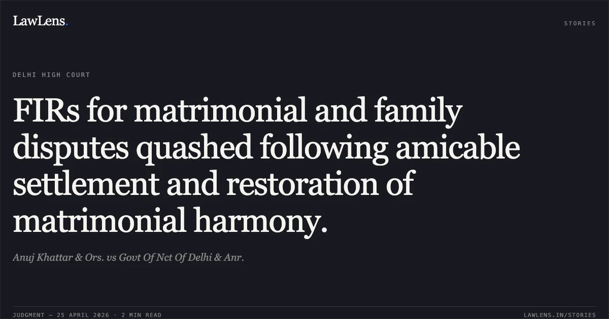FIRs for matrimonial and family disputes quashed following amicable settlement and restoration of matrimonial harmony.. Anuj Khattar & Ors. vs Govt Of Nct Of Delhi & Anr.. Delhi High Court. LawLens