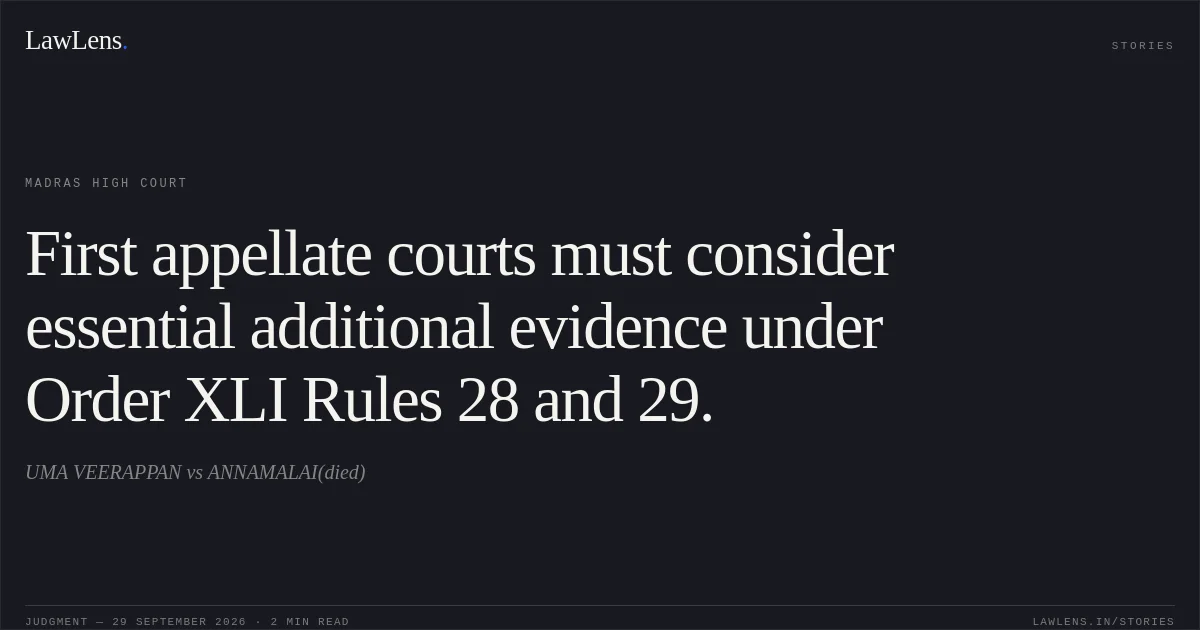 First appellate courts must consider essential additional evidence under Order XLI Rules 28 and 29.. UMA VEERAPPAN vs ANNAMALAI(died). Madras High Court. LawLens