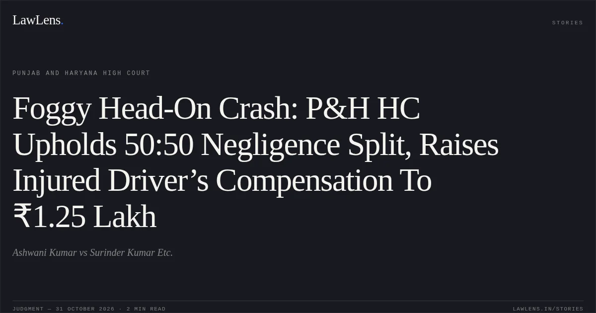 Foggy Head-On Crash: P&H HC Upholds 50:50 Negligence Split, Raises Injured Driver’s Compensation To ₹1.25 Lakh. Ashwani Kumar vs Surinder Kumar Etc.. Punjab and Haryana High Court. LawLens