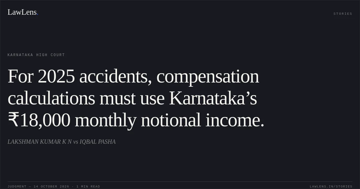 For 2025 accidents, compensation calculations must use Karnataka’s ₹18,000 monthly notional income.. LAKSHMAN KUMAR K N vs IQBAL PASHA. Karnataka High Court. LawLens