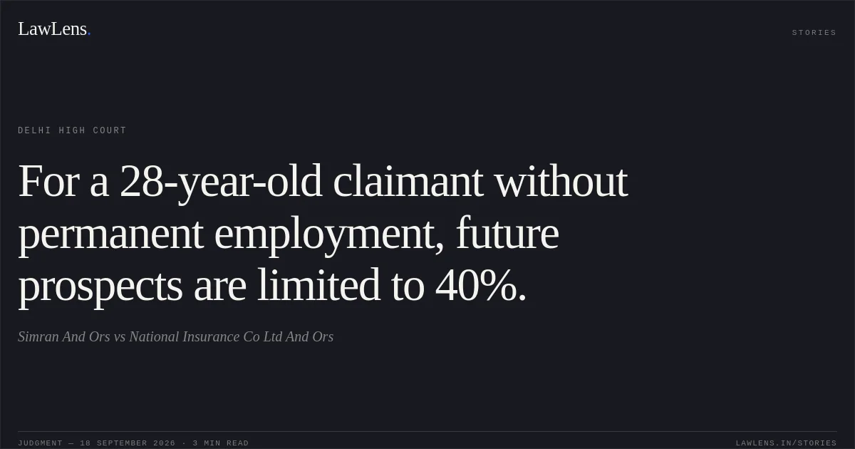 For a 28-year-old claimant without permanent employment, future prospects are limited to 40%.. Simran And Ors vs National Insurance Co Ltd And Ors. Delhi High Court. LawLens