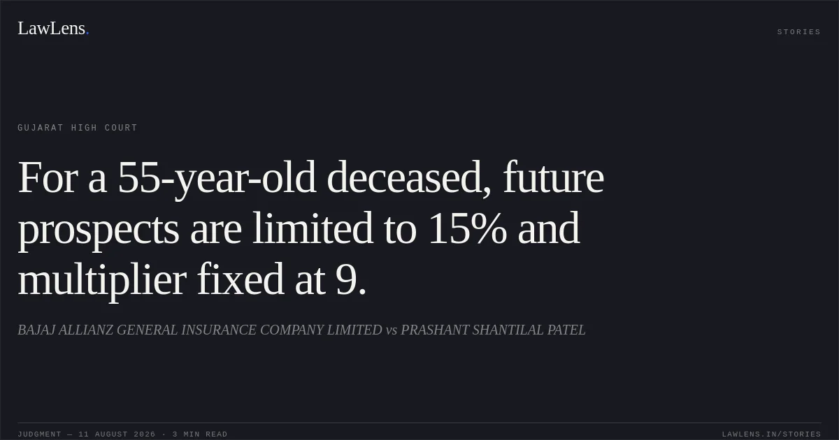For a 55-year-old deceased, future prospects are limited to 15% and multiplier fixed at 9.. BAJAJ ALLIANZ GENERAL INSURANCE COMPANY LIMITED vs PRASHANT SHANTILAL PATEL. Gujarat High Court. LawLens