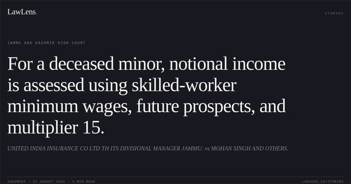 For a deceased minor, notional income is assessed using skilled-worker minimum wages, future prospects, and multiplier 15.. UNITED INDIA INSURANCE CO LTD TH ITS DIVISIONAL MANAGER JAMMU. vs MOHAN SINGH AND OTHERS.. Jammu and Kashmir High Court. LawLens