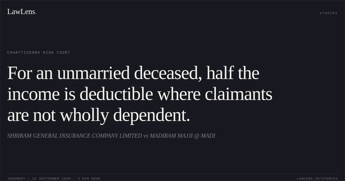 For an unmarried deceased, half the income is deductible where claimants are not wholly dependent.. SHRIRAM GENERAL INSURANCE COMPANY LIMITED vs MADIRAM MAJJI @ MADI. Chhattisgarh High Court. LawLens
