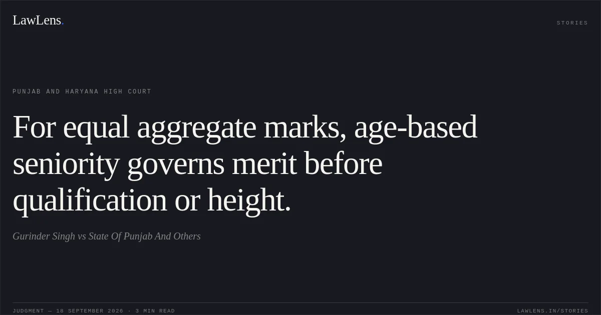 For equal aggregate marks, age-based seniority governs merit before qualification or height.. Gurinder Singh vs State Of Punjab And Others. Punjab and Haryana High Court. LawLens