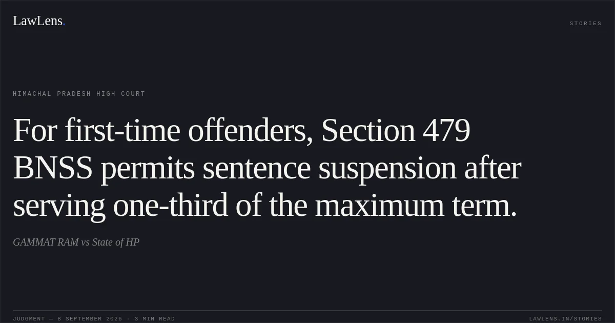 For first-time offenders, Section 479 BNSS permits sentence suspension after serving one-third of the maximum term.. GAMMAT RAM vs State of HP. Himachal Pradesh High Court. LawLens