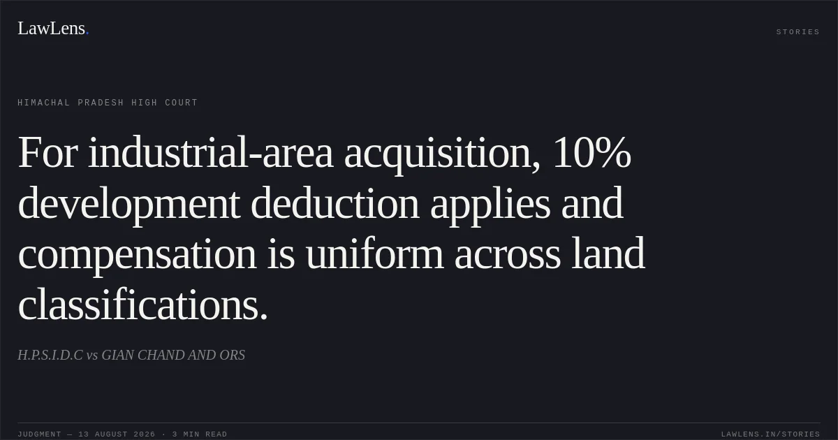 For industrial-area acquisition, 10% development deduction applies and compensation is uniform across land classifications.. H.P.S.I.D.C vs GIAN CHAND AND ORS. Himachal Pradesh High Court. LawLens