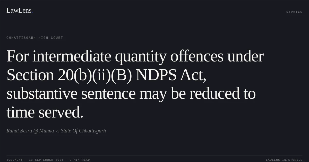 For intermediate quantity offences under Section 20(b)(ii)(B) NDPS Act, substantive sentence may be reduced to time served.. Rahul Besra @ Munna vs State Of Chhattisgarh. Chhattisgarh High Court. LawLens