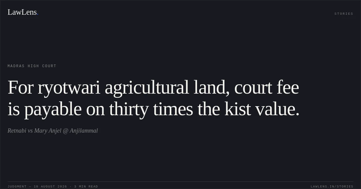 For ryotwari agricultural land, court fee is payable on thirty times the kist value.. Retnabi vs Mary Anjel @ Anjilammal. Madras High Court. LawLens
