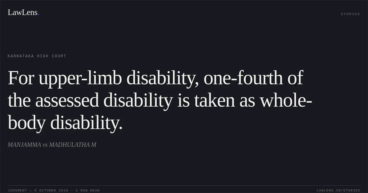 For upper-limb disability, one-fourth of the assessed disability is taken as whole-body disability.. MANJAMMA vs MADHULATHA M. Karnataka High Court. LawLens