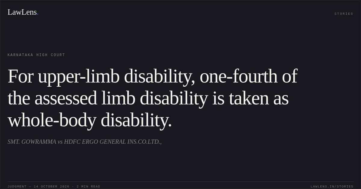 For upper-limb disability, one-fourth of the assessed limb disability is taken as whole-body disability.. SMT. GOWRAMMA vs HDFC ERGO GENERAL INS.CO.LTD.,. Karnataka High Court. LawLens