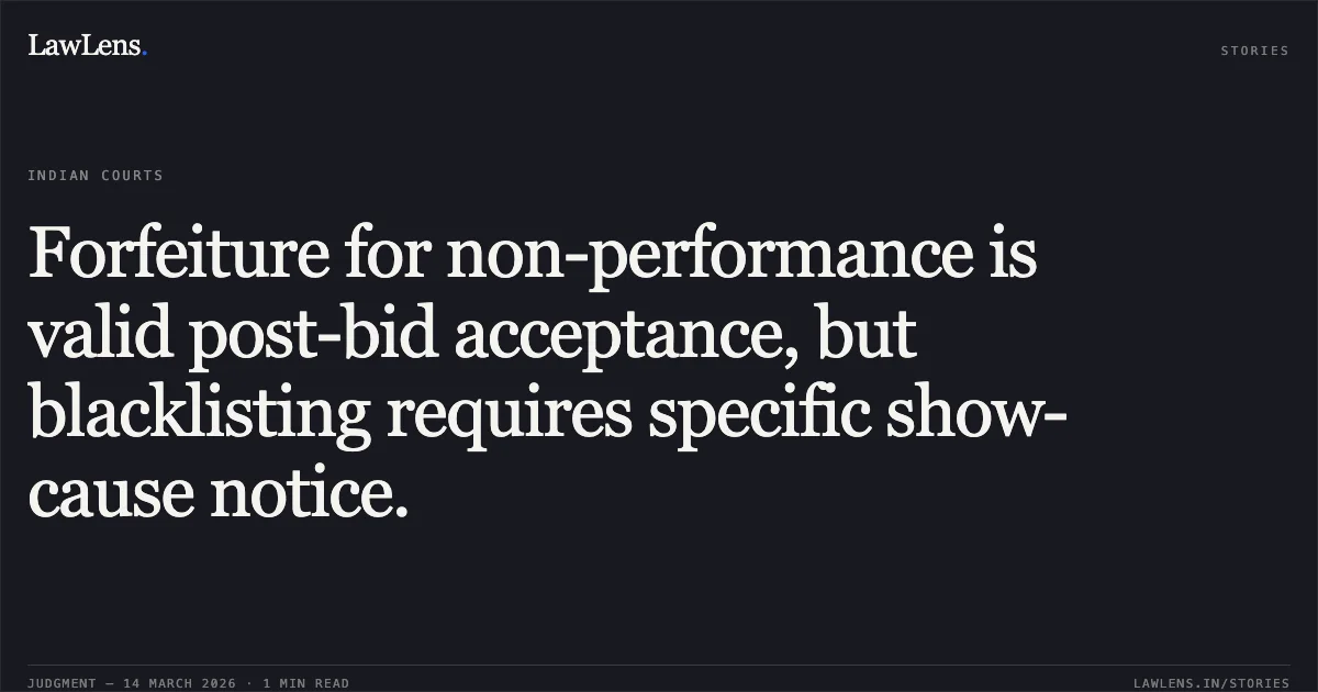 Forfeiture for non-performance is valid post-bid acceptance, but blacklisting requires specific show-cause notice.. Mrs. Shrikrishan Teli Communication Through Its Proprietor Krishandas Dandotiya vs The State Of Madhya Pradesh. Madhya Pradesh High Court. LawLens