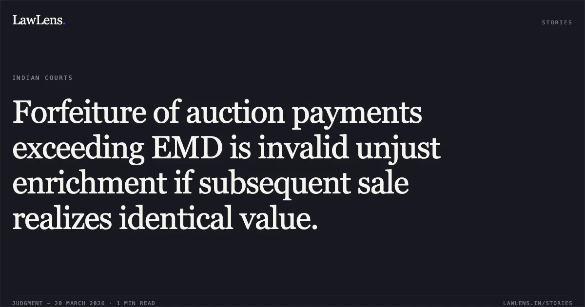 Forfeiture of auction payments exceeding EMD is invalid unjust enrichment if subsequent sale realizes identical value.. Xylocopa Builders & Developers Private Limited vs Ms. Namrata Amol Randeri Liquidator Of Turning Point Estates Private Limited. National Company Law Appellate Tribunal. LawLens