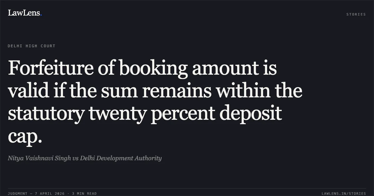 Forfeiture of booking amount is valid if the sum remains within the statutory twenty percent deposit cap.. Nitya Vaishnavi Singh vs Delhi Development Authority. Delhi High Court. LawLens