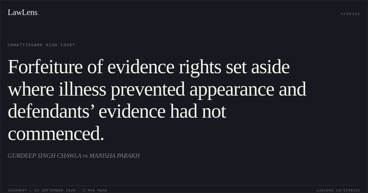 Forfeiture of evidence rights set aside where illness prevented appearance and defendants’ evidence had not commenced.. GURDEEP SINGH CHAWLA vs MANISHA PARAKH. Chhattisgarh High Court. LawLens
