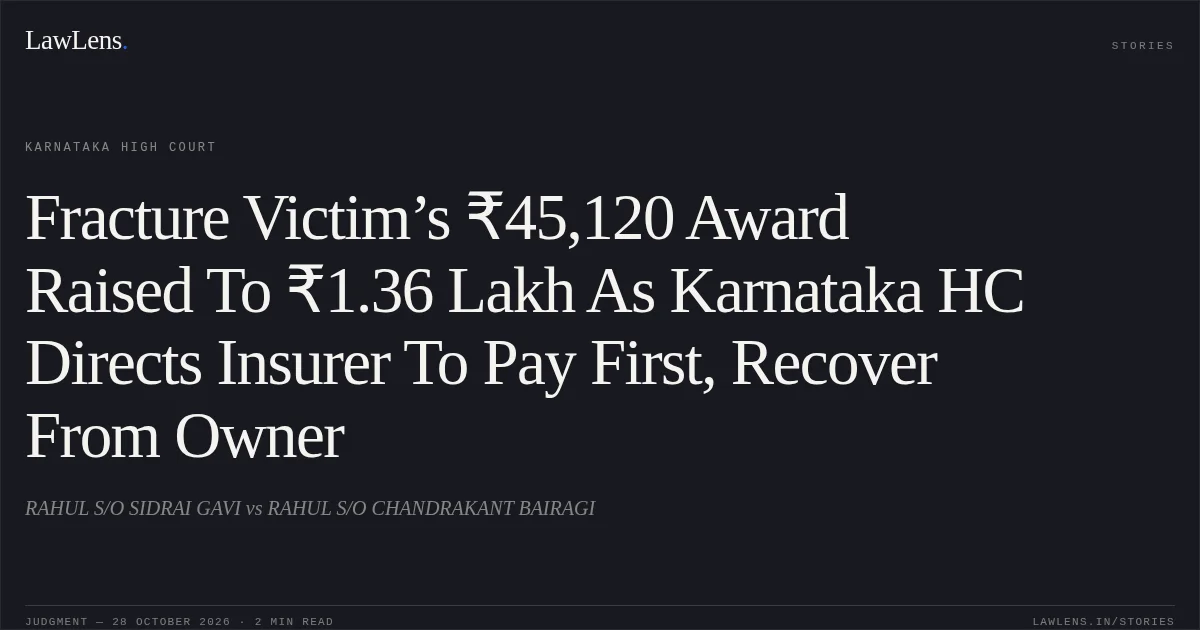 Fracture Victim’s ₹45,120 Award Raised To ₹1.36 Lakh As Karnataka HC Directs Insurer To Pay First, Recover From Owner. RAHUL S/O SIDRAI GAVI vs RAHUL S/O CHANDRAKANT BAIRAGI. Karnataka High Court. LawLens