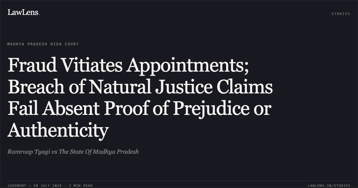 Fraud Vitiates Appointments; Breach of Natural Justice Claims Fail Absent Proof of Prejudice or Authenticity. Ramroop Tyagi vs The State Of Madhya Pradesh. Madhya Pradesh High Court. LawLens