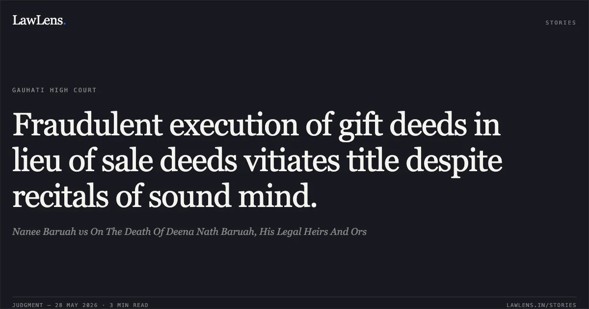 Fraudulent execution of gift deeds in lieu of sale deeds vitiates title despite recitals of sound mind.. Nanee Baruah vs On The Death Of Deena Nath Baruah, His Legal Heirs And Ors. Gauhati High Court. LawLens