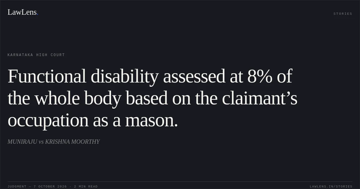 Functional disability assessed at 8% of the whole body based on the claimant’s occupation as a mason.. MUNIRAJU vs KRISHNA MOORTHY. Karnataka High Court. LawLens