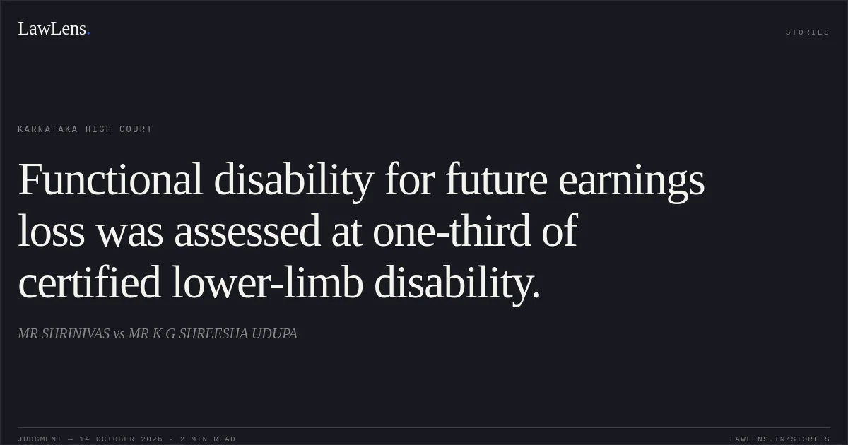 Functional disability for future earnings loss was assessed at one-third of certified lower-limb disability.. MR SHRINIVAS vs MR K G SHREESHA UDUPA. Karnataka High Court. LawLens