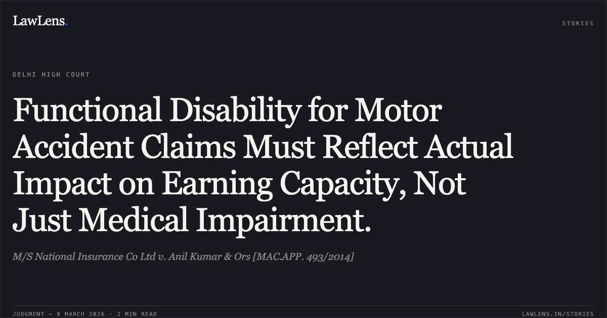 Functional Disability for Motor Accident Claims Must Reflect Actual Impact on Earning Capacity, Not Just Medical Impairment.. M/S National Insurance Co Ltd v. Anil Kumar & Ors [MAC.APP. 493/2014]. Delhi High Court. LawLens