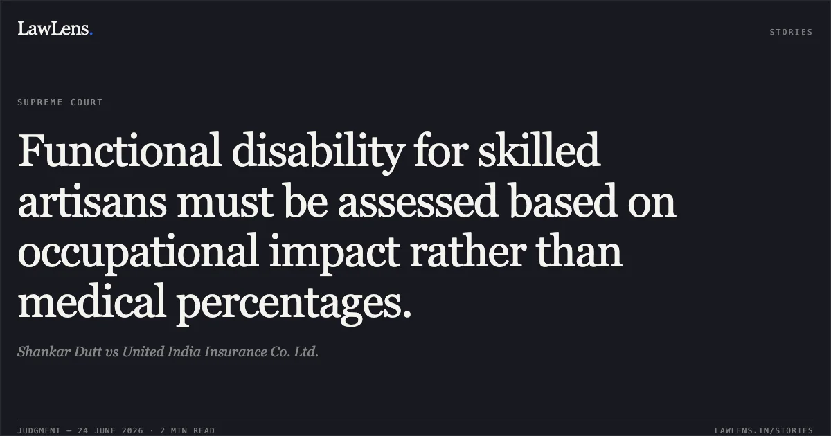 Functional disability for skilled artisans must be assessed based on occupational impact rather than medical percentages.. Shankar Dutt vs United India Insurance Co. Ltd.. Supreme Court. LawLens