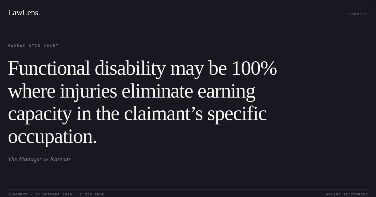 Functional disability may be 100% where injuries eliminate earning capacity in the claimant’s specific occupation.. The Manager vs Kannan. Madras High Court. LawLens