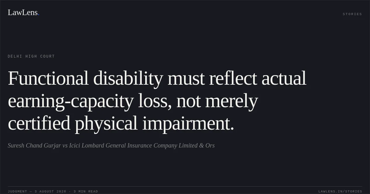Functional disability must reflect actual earning-capacity loss, not merely certified physical impairment.. Suresh Chand Gurjar vs Icici Lombard General Insurance Company Limited & Ors. Delhi High Court. LawLens