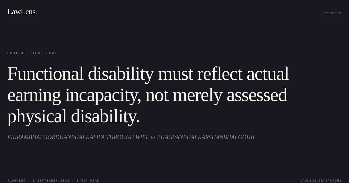 Functional disability must reflect actual earning incapacity, not merely assessed physical disability.. VIKRAMBHAI GORDHANBHAI KALIYA THROUGH WIFE vs BHAGVANBHAI KARSHANBHAI GOHIL. Gujarat High Court. LawLens