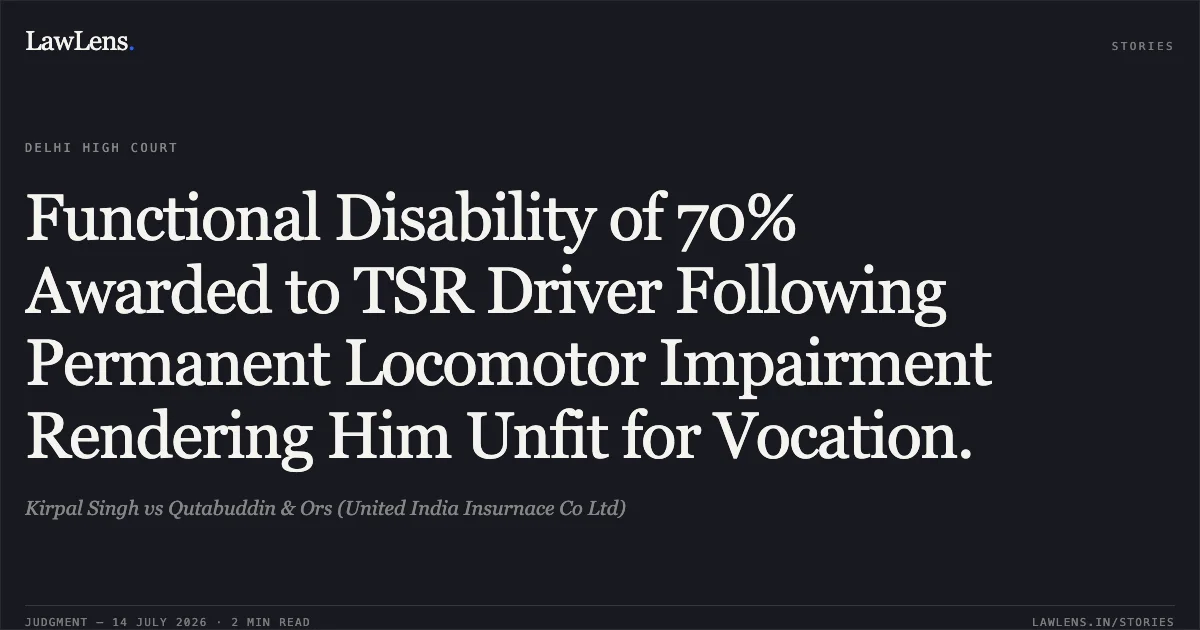 Functional Disability of 70% Awarded to TSR Driver Following Permanent Locomotor Impairment Rendering Him Unfit for Vocation.. Kirpal Singh vs Qutabuddin & Ors (United India Insurnace Co Ltd). Delhi High Court. LawLens
