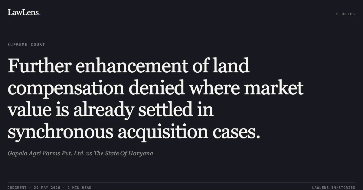 Further enhancement of land compensation denied where market value is already settled in synchronous acquisition cases.. Gopala Agri Farms Pvt. Ltd. vs The State Of Haryana. Supreme Court. LawLens