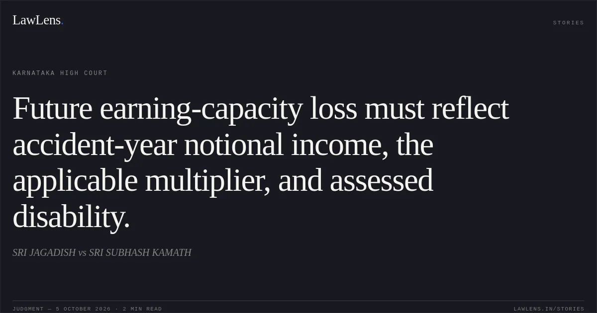 Future earning-capacity loss must reflect accident-year notional income, the applicable multiplier, and assessed disability.. SRI JAGADISH vs SRI SUBHASH KAMATH. Karnataka High Court. LawLens