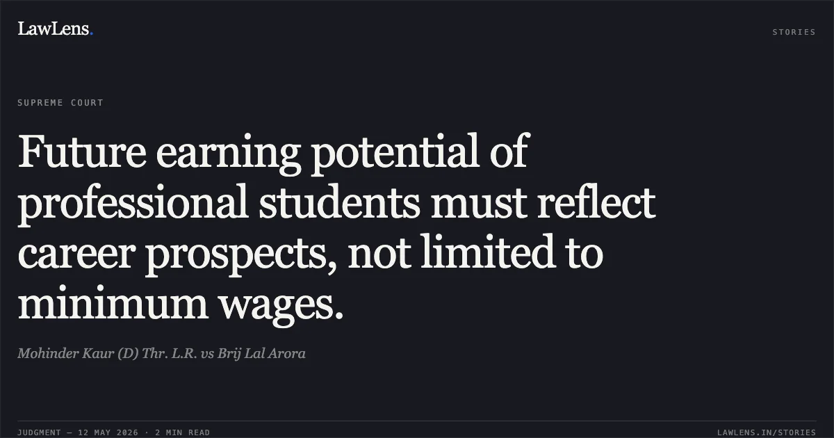 Future earning potential of professional students must reflect career prospects, not limited to minimum wages.. Mohinder Kaur (D) Thr. L.R. vs Brij Lal Arora. Supreme Court. LawLens