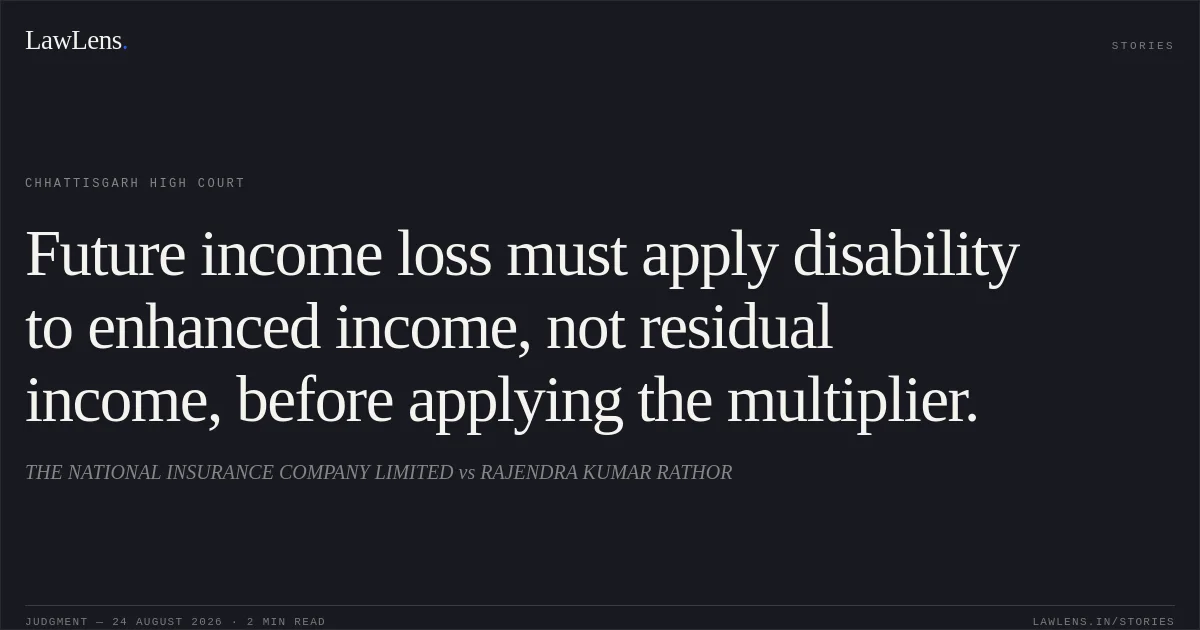 Future income loss must apply disability to enhanced income, not residual income, before applying the multiplier.. THE NATIONAL INSURANCE COMPANY LIMITED vs RAJENDRA KUMAR RATHOR. Chhattisgarh High Court. LawLens