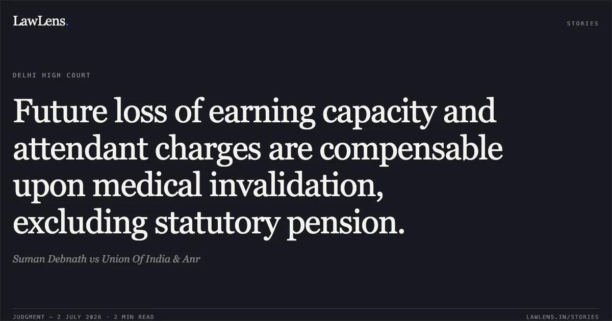 Future loss of earning capacity and attendant charges are compensable upon medical invalidation, excluding statutory pension.. Suman Debnath vs Union Of India & Anr. Delhi High Court. LawLens