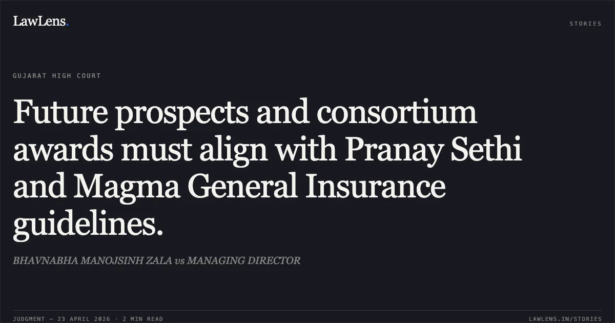 Future prospects and consortium awards must align with Pranay Sethi and Magma General Insurance guidelines.. BHAVNABHA MANOJSINH ZALA vs MANAGING DIRECTOR. Gujarat High Court. LawLens