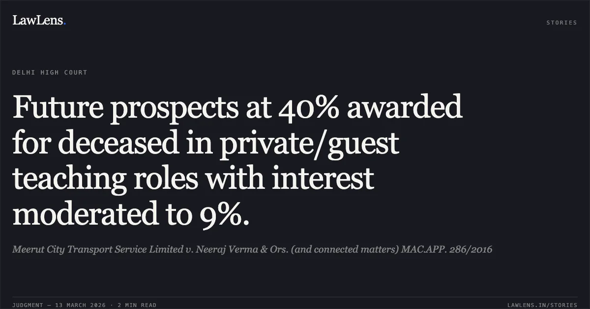 Future prospects at 40% awarded for deceased in private/guest teaching roles with interest moderated to 9%.. Meerut City Transport Service Limited v. Neeraj Verma & Ors. (and connected matters) MAC.APP. 286/2016. Delhi High Court. LawLens