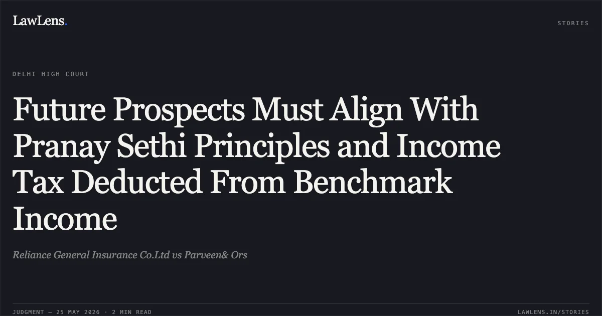 Future Prospects Must Align With Pranay Sethi Principles and Income Tax Deducted From Benchmark Income. Reliance General Insurance Co.Ltd vs Parveen& Ors. Delhi High Court. LawLens