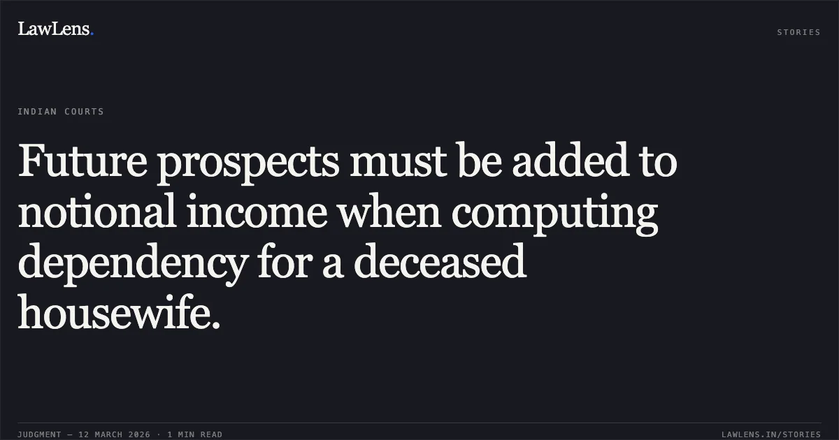 Future prospects must be added to notional income when computing dependency for a deceased housewife.. Sri. Arasu N. & Others v. Nagappa @ Nagannagowda Sindhagi & Others [MFA No. 788 of 2020; NC: 2026:KHC:12104]. Karnataka High Court. LawLens