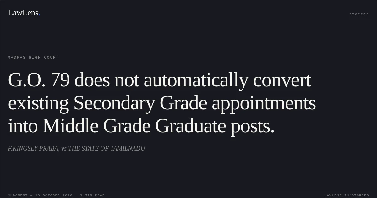 G.O. 79 does not automatically convert existing Secondary Grade appointments into Middle Grade Graduate posts.. F.KINGSLY PRABA, vs THE STATE OF TAMILNADU. Madras High Court. LawLens