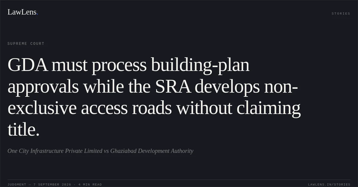 GDA must process building-plan approvals while the SRA develops non-exclusive access roads without claiming title.. One City Infrastructure Private Limited vs Ghaziabad Development Authority. Supreme Court. LawLens