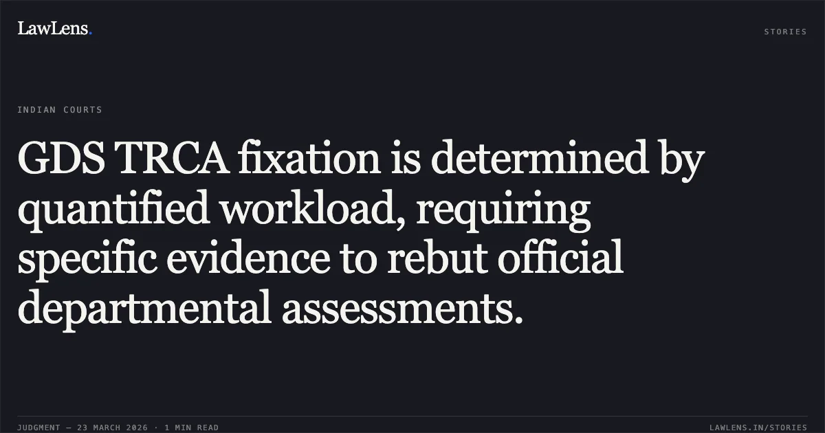 GDS TRCA fixation is determined by quantified workload, requiring specific evidence to rebut official departmental assessments.. Amrik Kaur vs D/o Post. Central Administrative Tribunal. LawLens