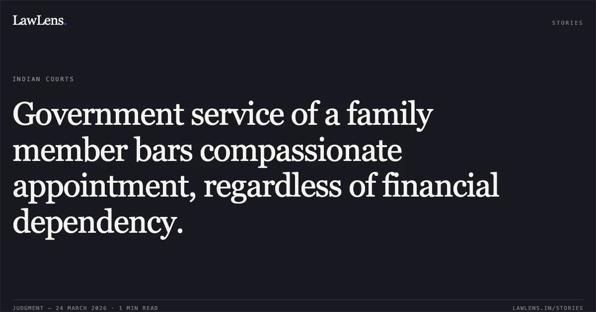 Government service of a family member bars compassionate appointment, regardless of financial dependency.. KAMLESHWAR DHRUW vs STATE OF CHHATTISGARH. Chhattisgarh High Court. LawLens