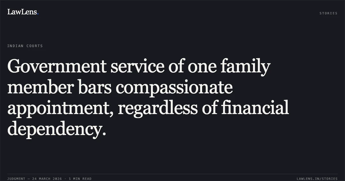 Government service of one family member bars compassionate appointment, regardless of financial dependency.. GANPATI KHUNTESHWAR, vs STATE OF CHHATTISGARH,. Chhattisgarh High Court. LawLens